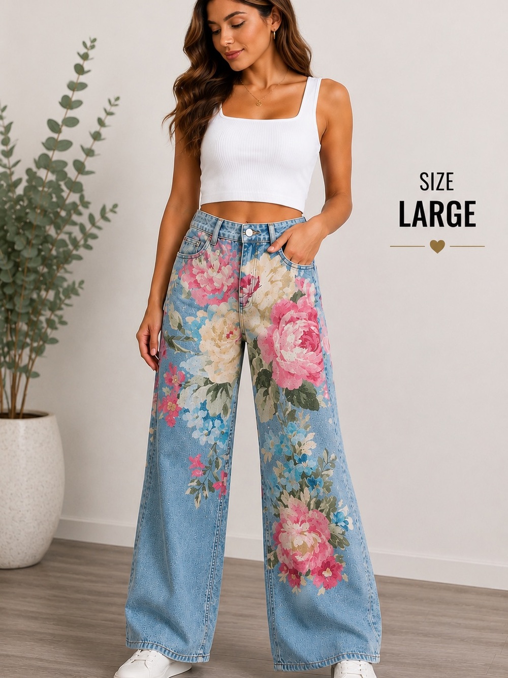 Lemon Floral Wide-Leg Jeans - Light Blue with Pink & Cream Blooms